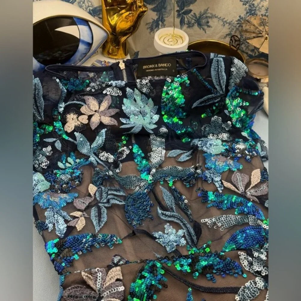 🆕 BRONX & BANCO🧿 NWOT Zinnia Side-Split Sequin Embroidered Gown, Navy Sz S US4 - Picture 12 of 13